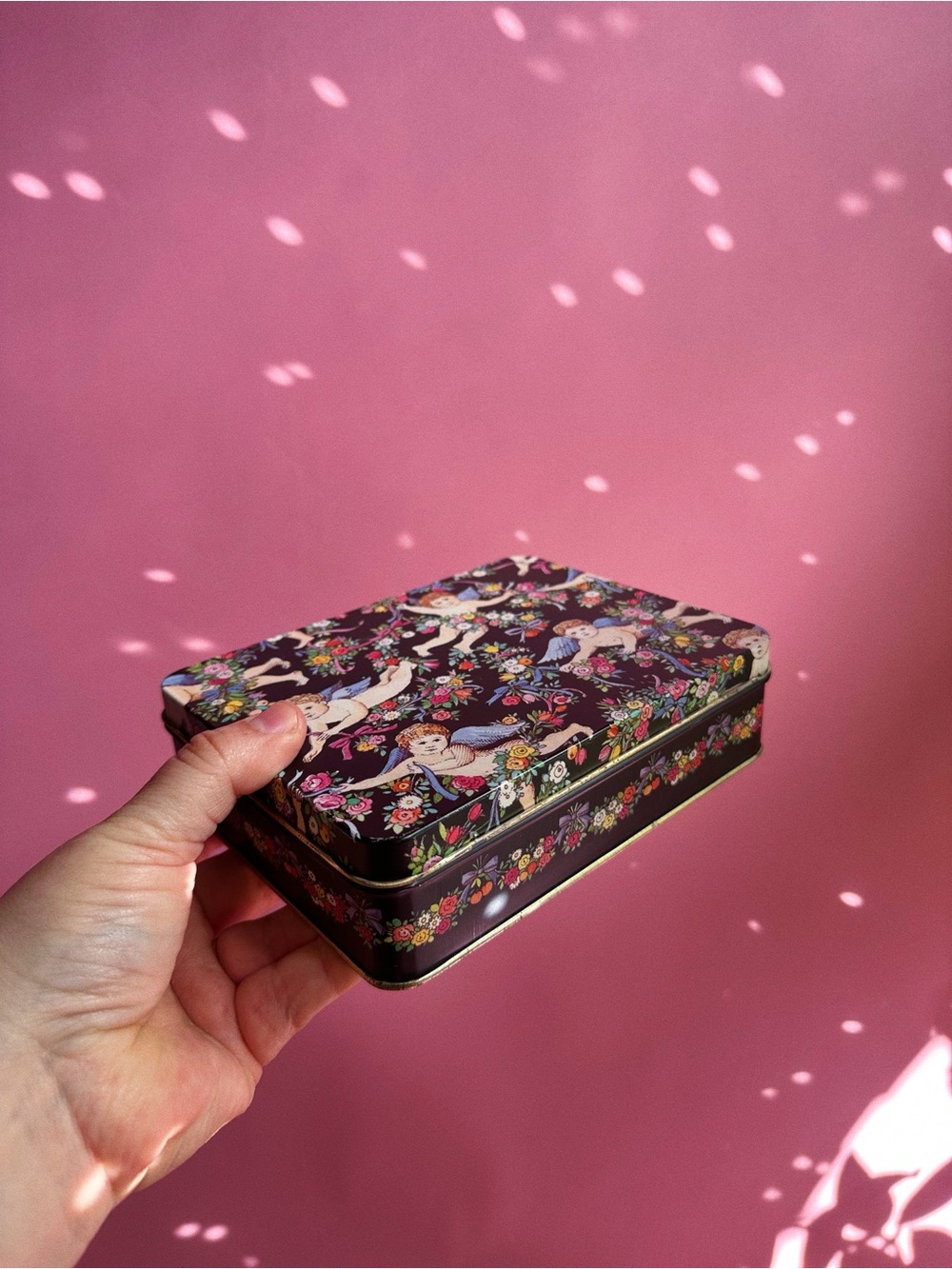 Cutest Vintage Decorative Cherub Floral Tin Box - Black Storage Gardening